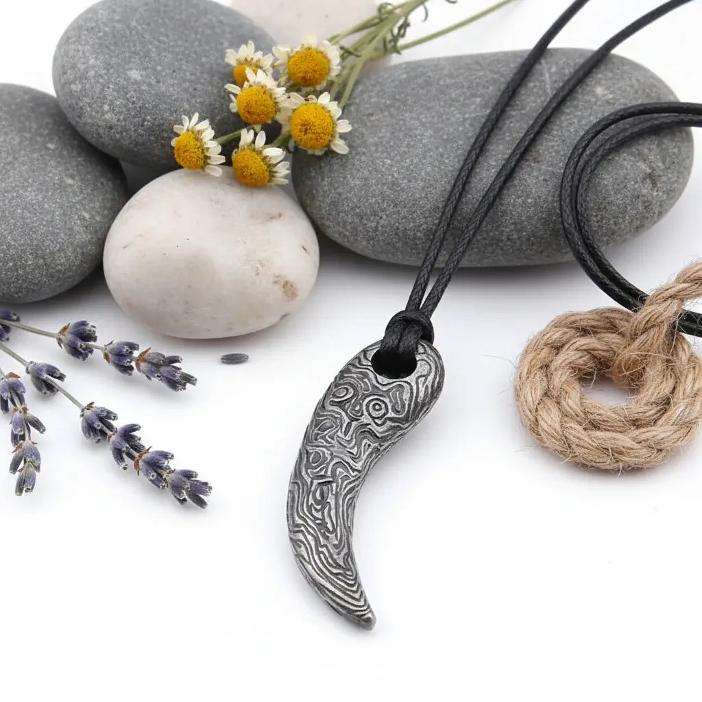 Viking Damascus Steel Tooth Pendant Necklace Nordic Warrior Jewelry
