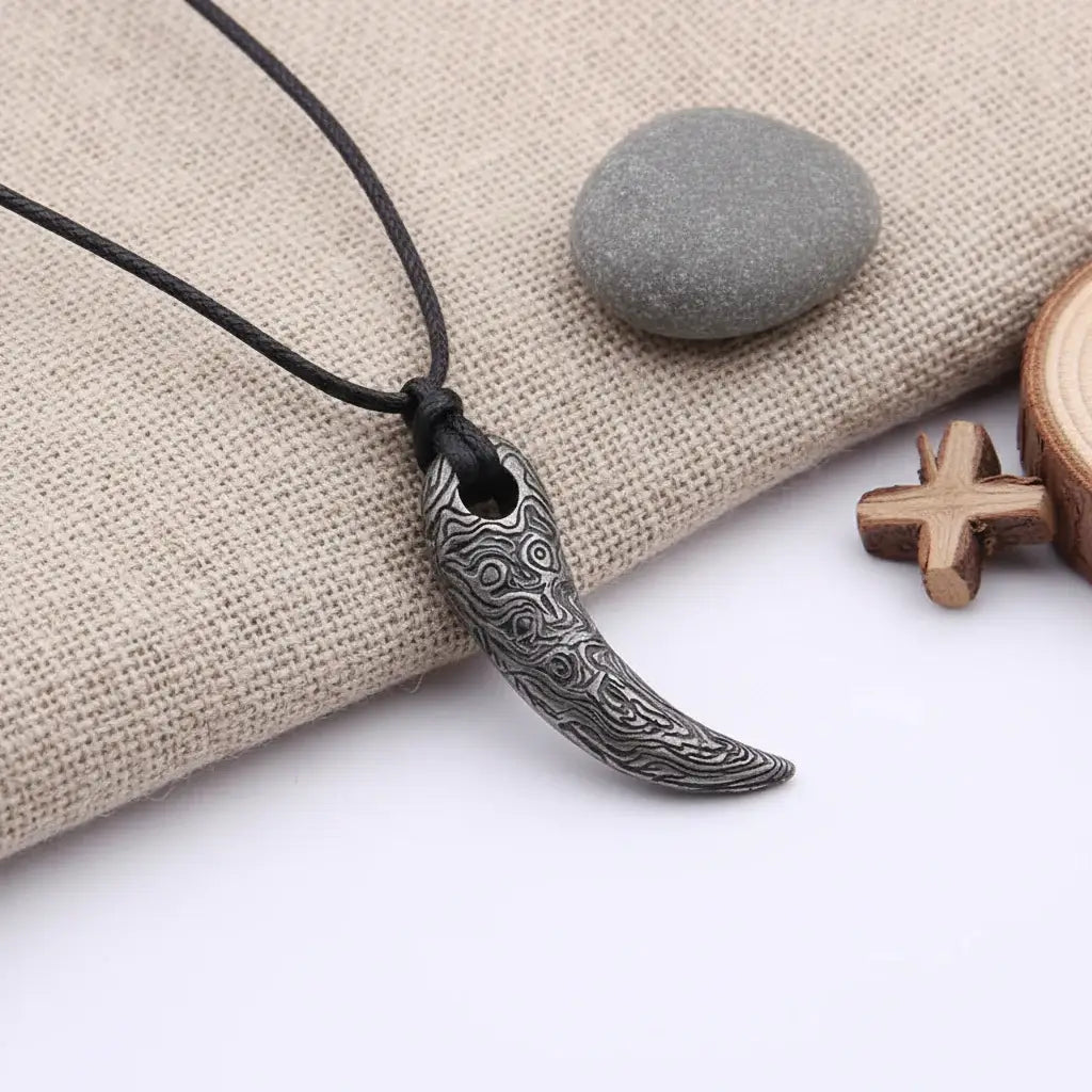 Viking Damascus Steel Tooth Pendant Necklace Nordic Warrior Jewelry