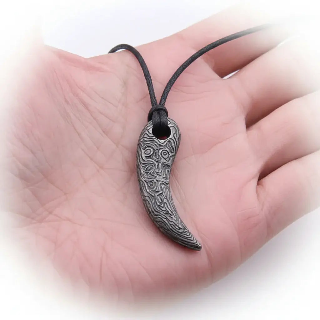 Viking Damascus Steel Tooth Pendant Necklace Nordic Warrior Jewelry