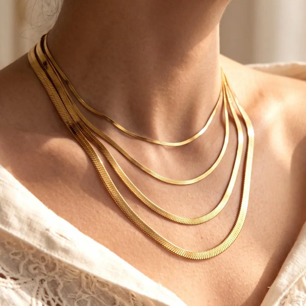 Minimalist Unisex Snake Choker Chain Necklace Stainless Steel Herringbone Gold Plated Boho Vintage Jewelry Gift for Women Men