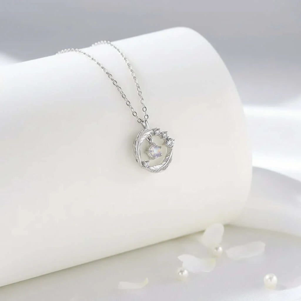Moonstone Feather Pendant Necklace 925 Silver Feather Pendant Necklace