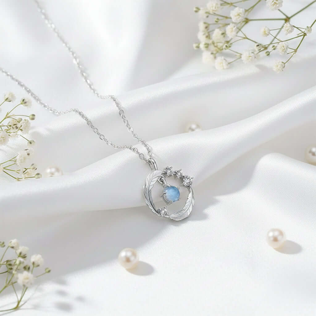 Moonstone Feather Pendant Necklace 925 Silver Feather Pendant Necklace