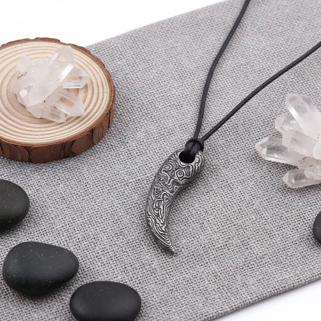 Viking Damascus Steel Tooth Pendant Necklace Nordic Warrior Jewelry