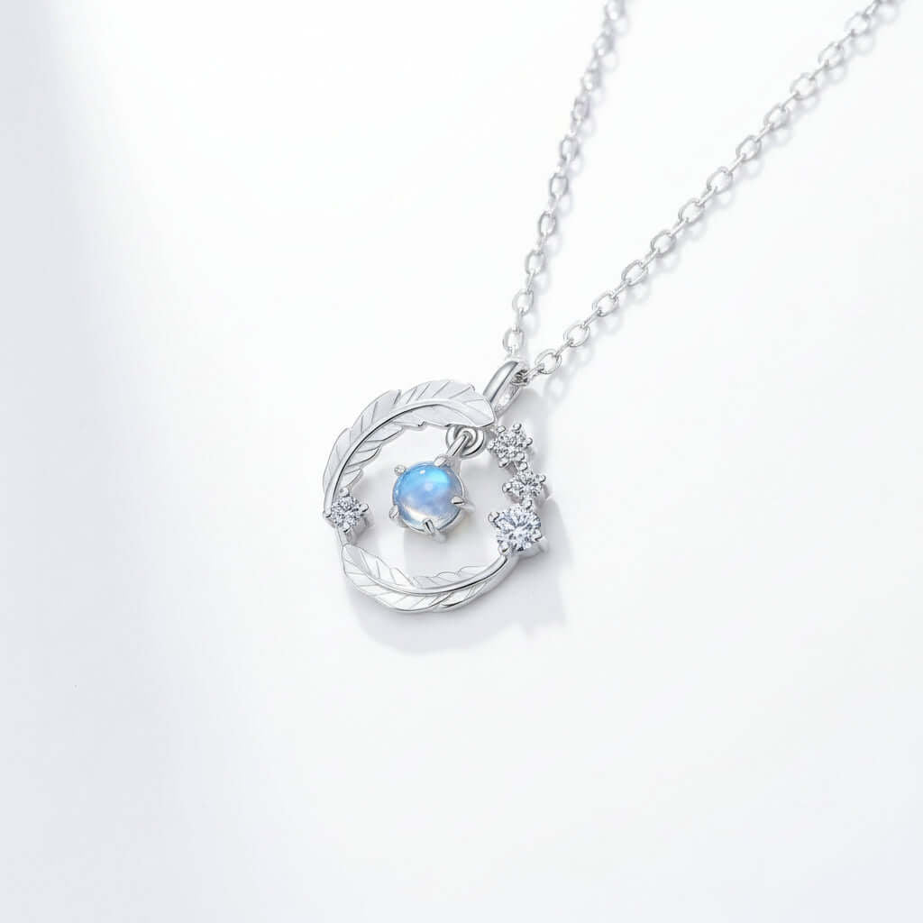 Moonstone Feather Pendant Necklace 925 Silver Feather Pendant Necklace