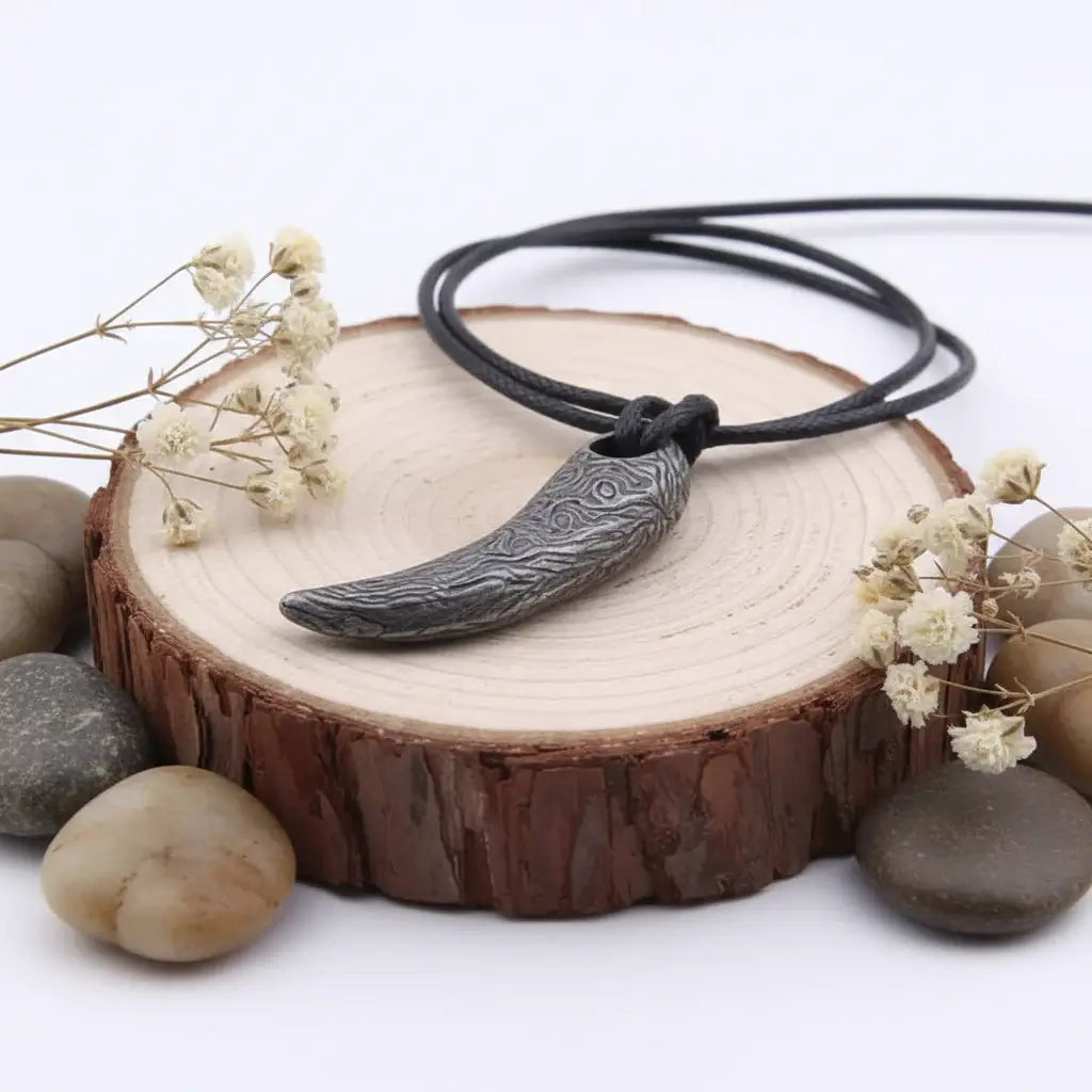 Viking Damascus Steel Tooth Pendant Necklace Nordic Warrior Jewelry