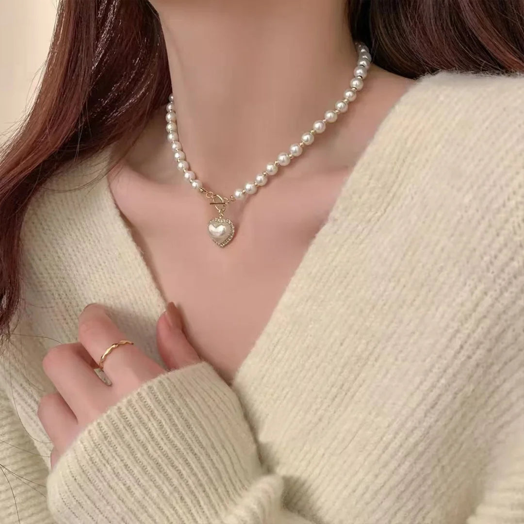 Elegant Pearl Necklace for Women Heart Pendant Necklaces Luxury Imitation Pearls Chain Necklaces Korean Jewelry Girls Gifts